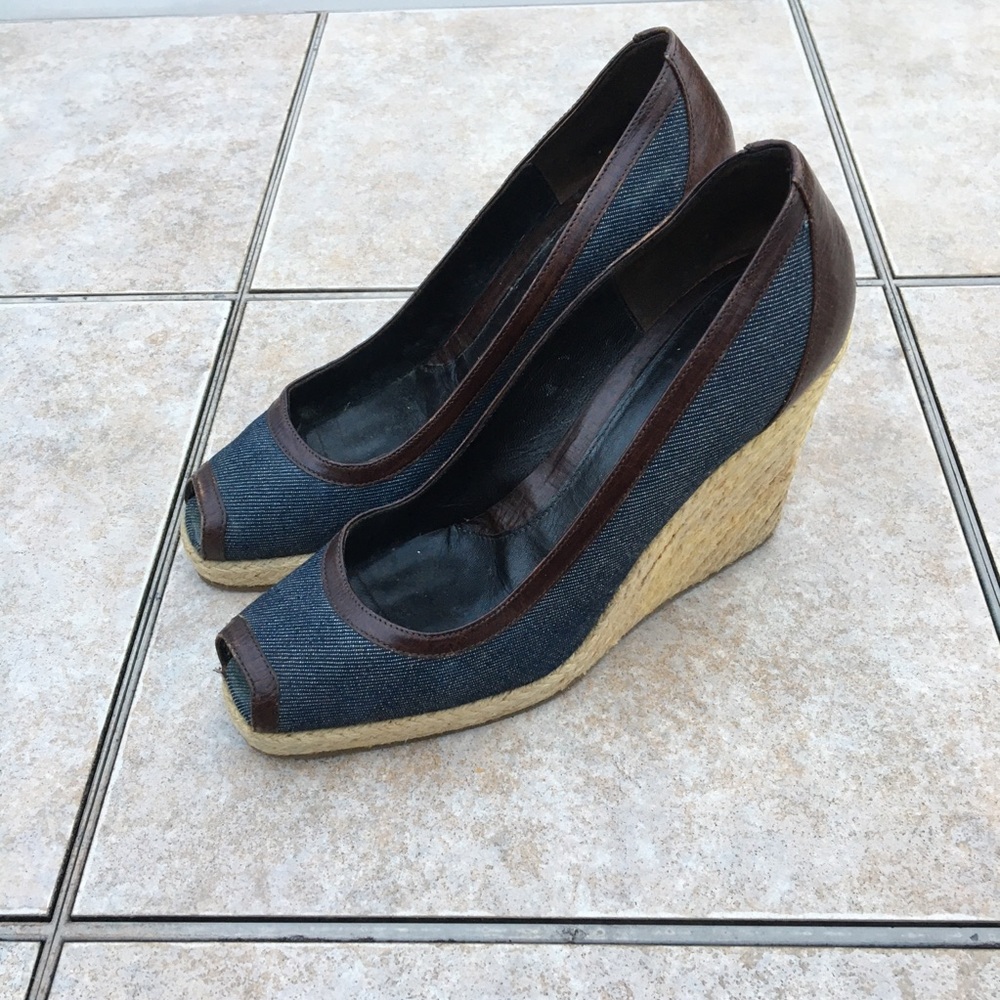 Fendi peep toe denim trim wedge espadrilles 37.5